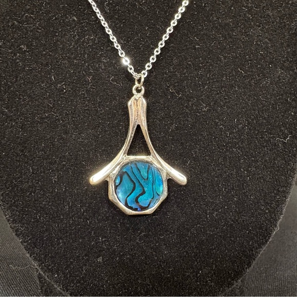 Jewelry - Silver-toned Pendant Necklace with Blue Abalone Shell Inlay